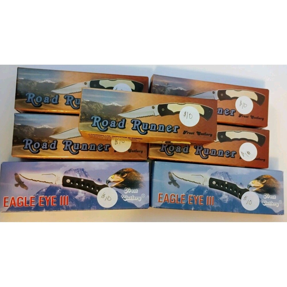 Frost Cutlery Knife Lot of 7 New Boxed Road Runner Trailing Point Eagle Eye III